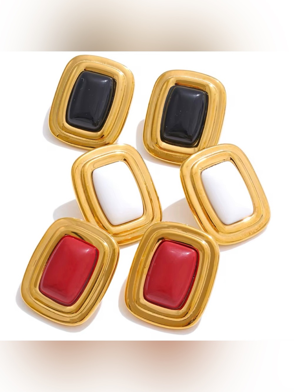 Gold-Tone Rectangular Clip Earrings with Black, White & Red Inlays